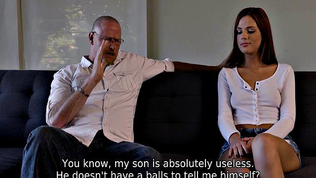 Redhead is fed up with coward BF and makes move on his dad