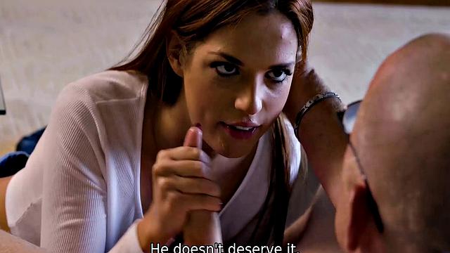 Redhead is fed up with coward BF and makes move on his dad