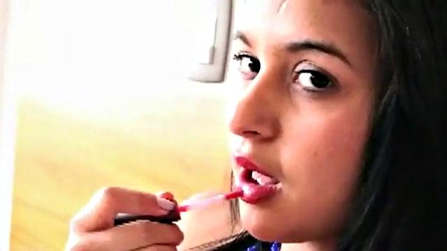 A kinky teen finger her tight pussy up close in her hotel room with her long socks on!