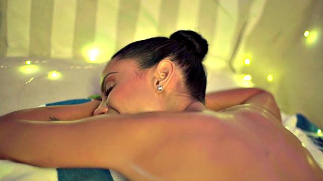 Brunette girlfriend with oiled up body gets her ass toyed & rimmed by boyfriend