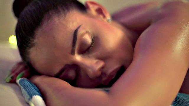 Brunette girlfriend with oiled up body gets her ass toyed & rimmed by boyfriend