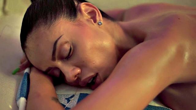 Brunette girlfriend with oiled up body gets her ass toyed & rimmed by boyfriend