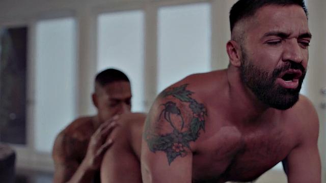 Gay BBC doggystyle bottom on the sofa