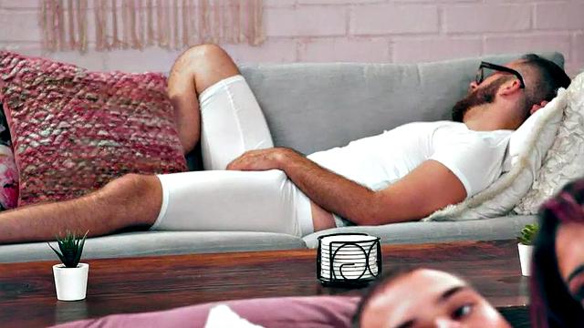 Bisexual babe in fishnets drilled in MMF 3some