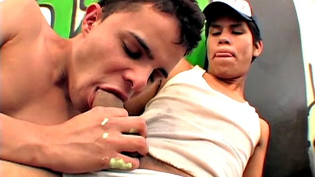 We find two Latin boys busy with their graffiti project when lust takes over. Soon big uncut cock is getting sucked as the smooth boys strip.