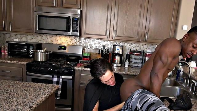 Black athletic stud asslicked in kitchen couple