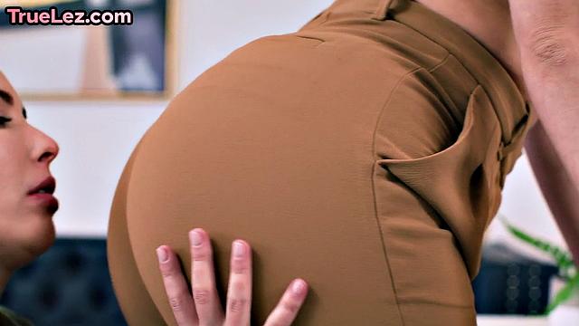 Perky-titted lez strapon fuck