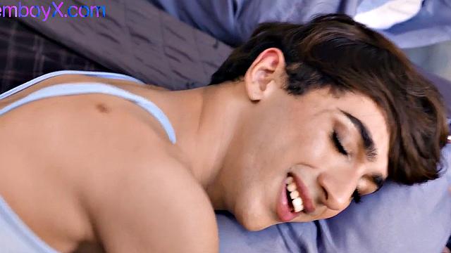 Anal femboy assfucked by BF after dildo throat