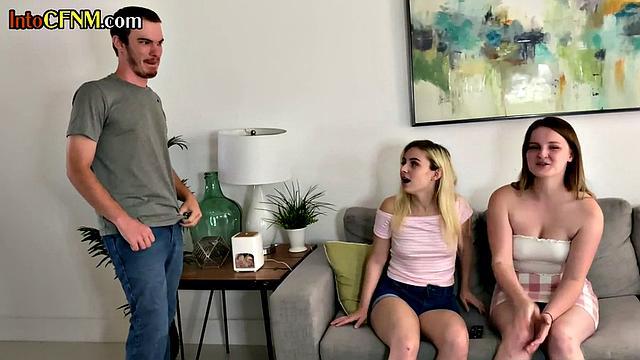 CFNM college chicks blowing hung roommate in threesome