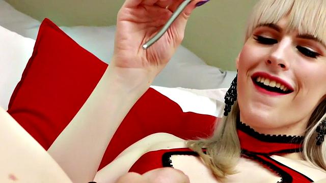 BDSM solo TS in lingerie toys urethra with dilator