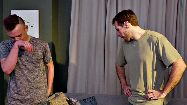 Blond stud bareback fucks his BF on couch