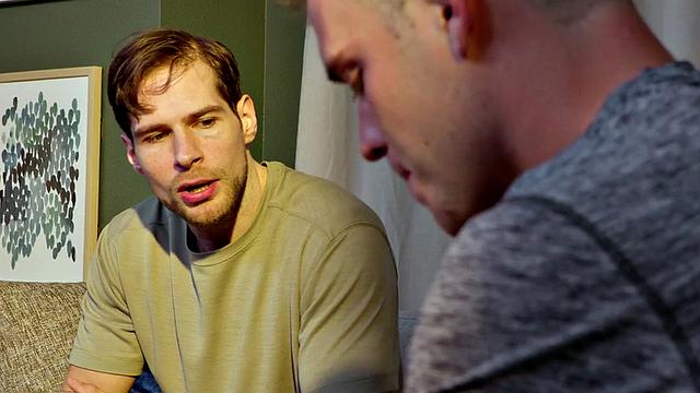 Blond stud bareback fucks his BF on couch