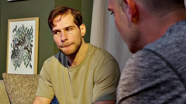 Blond stud bareback fucks his BF on couch