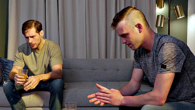 Blond stud bareback fucks his BF on couch