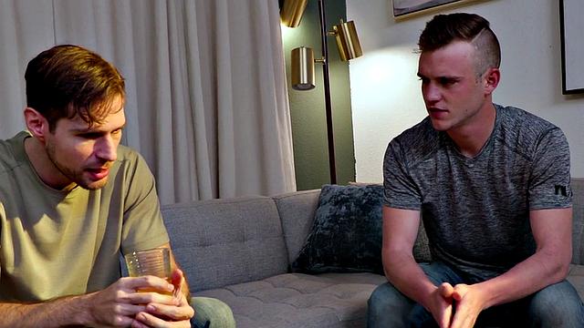 Blond stud bareback fucks his BF on couch