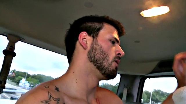 Str8 amateur stud cums on guy in public van outdoor