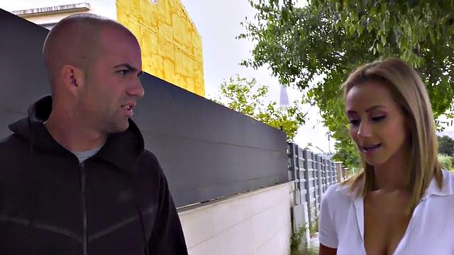 Publicly banging a blonde Latina in high heels & stockings with a big cock