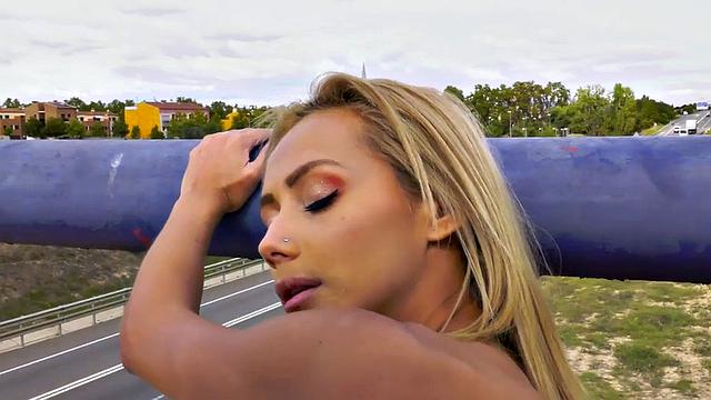 Publicly banging a blonde Latina in high heels & stockings with a big cock