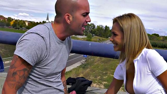 Publicly banging a blonde Latina in high heels & stockings with a big cock