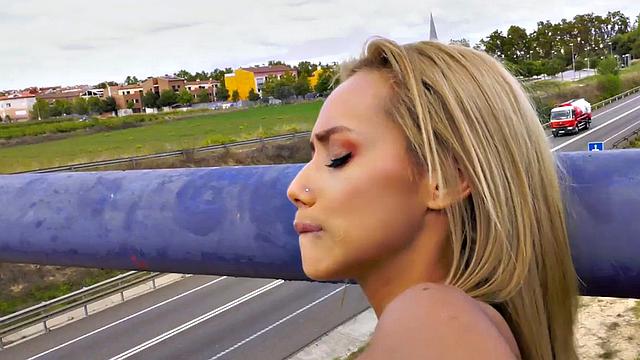 Publicly banging a blonde Latina in high heels & stockings with a big cock