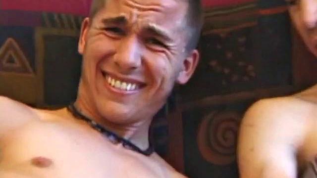 Brock Labelli and Kent Stryker jack off through their flies. Then they strip and Brock blows Kent, which turns into a sexy 69. With Kent relaxing on the couch, Brock goes to town on his buddy's cock.