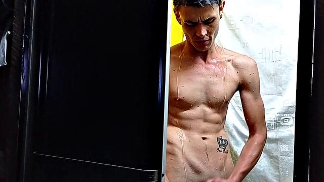 We look in on Dominic taking a shower. As the water cascades down his naked self, the young Latino works up a boner. Once hard, he starts jerking off, while we enjoy a good view of his slim and smooth body.