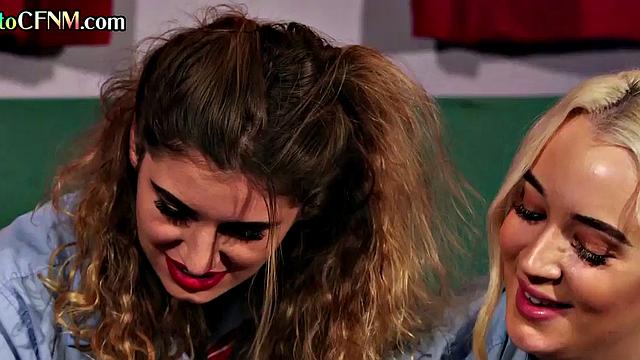 CFNM group college cheerleader HJ by British babes