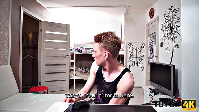 Busty Biology Teacher with Natural Tits Gives a Hairy Pussy Blowjob & Jerks Off Boyfriend