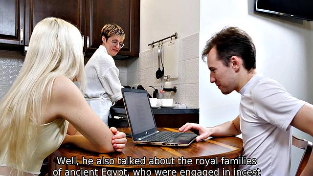 SISPORN. During dinner gal gives stepbro blowjob followed by sex on bed