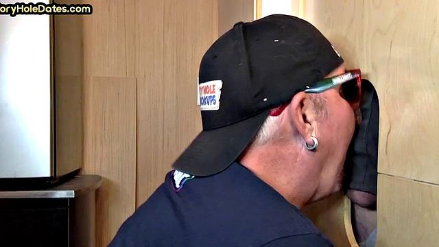 Gloryhole blowjob daddy gives oral pleasure at his home