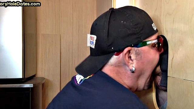 Gloryhole blowjob daddy gives oral pleasure at his home