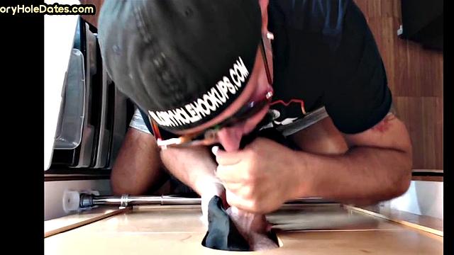 Gloryhole blowjob daddy gives oral pleasure at his home