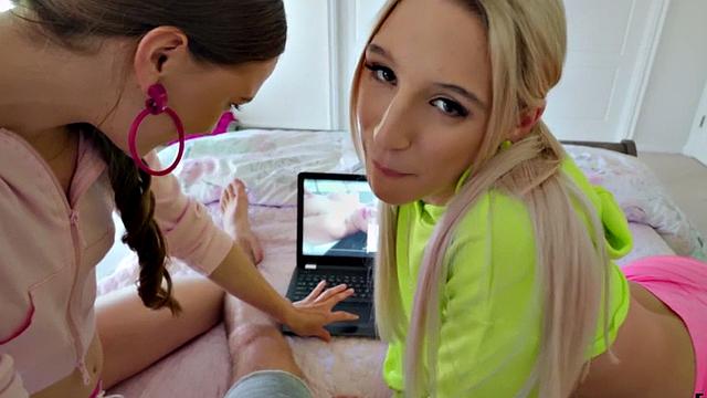 Blonde & brunettes get their tight pussies pounded in POV after deepthroating in socks