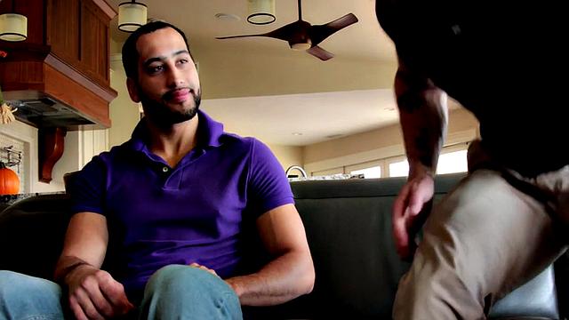 Stepbro's bareback ass-licking in living room while his girlfriend is in the room