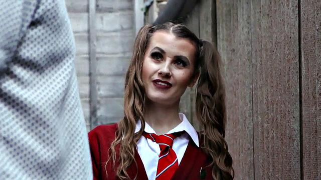 British college uniform voyeur teases guy outdoors