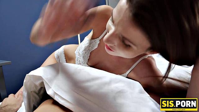 Nelya Smalls, the Russian teen with small tits, fucks stepbro in the living room