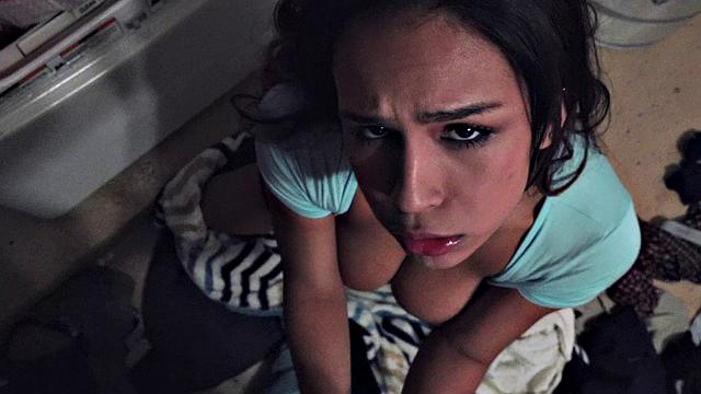 Young brunette in stockings gets her natural tits and tight pussy pounded in Laundry Room Lust POV