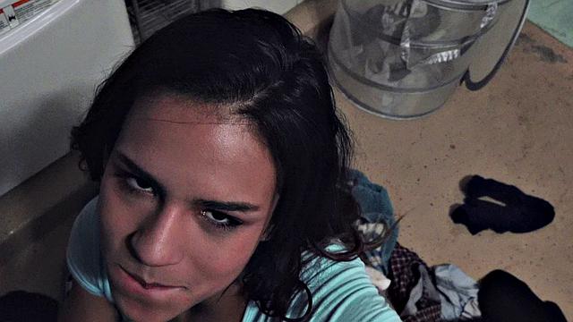 Young brunette in stockings gets her natural tits and tight pussy pounded in Laundry Room Lust POV