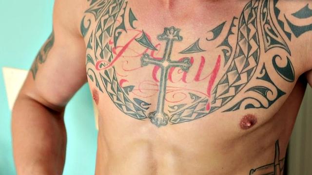 Pierced muscular jock tugging his in solo close up