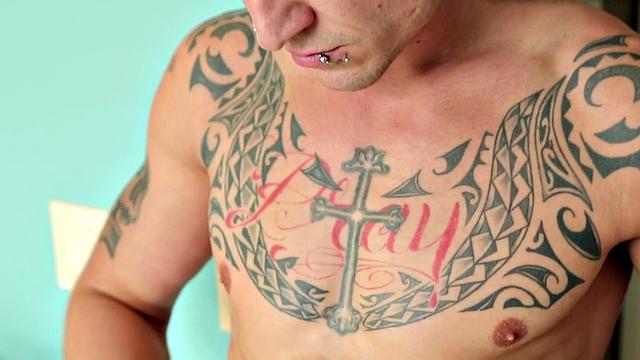 Pierced muscular jock tugging his in solo close up