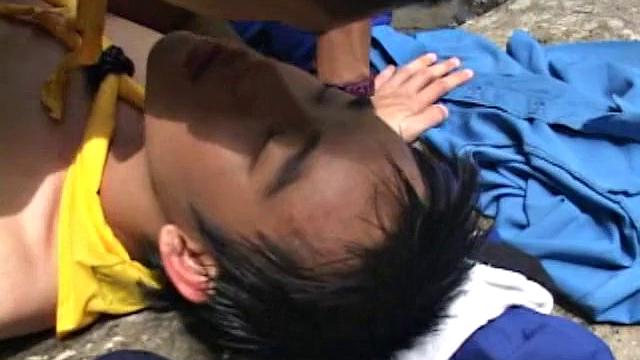 Slim Asian scouts banging outdoor couple after blowjob