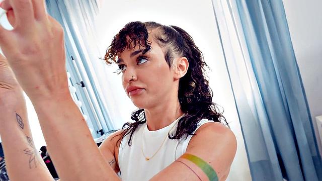 POV deepthroat maid pleasing cock with footwanking