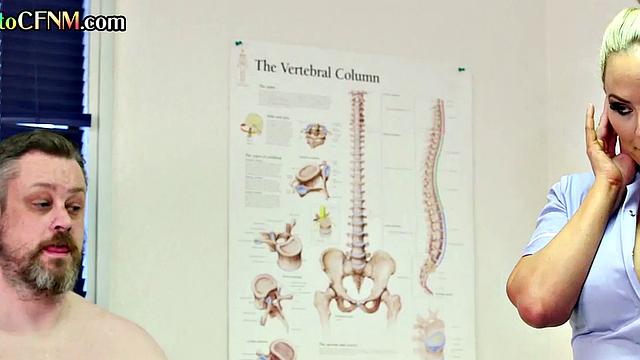 CFNM nurse jerks the small cock of her patient in voyeur HJ