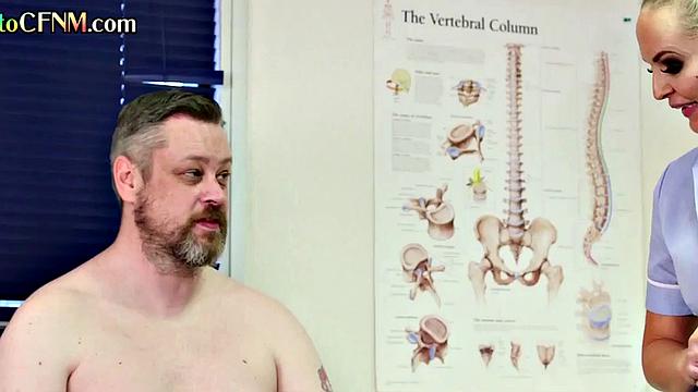 CFNM nurse jerks the small cock of her patient in voyeur HJ