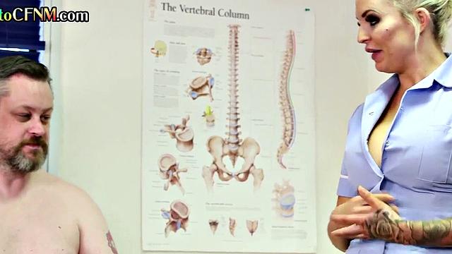 CFNM nurse jerks the small cock of her patient in voyeur HJ