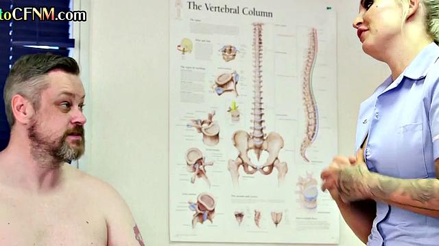 CFNM nurse jerks the small cock of her patient in voyeur HJ