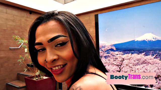 Latina TS in thong jerks off while taking bareback anal in hotel room