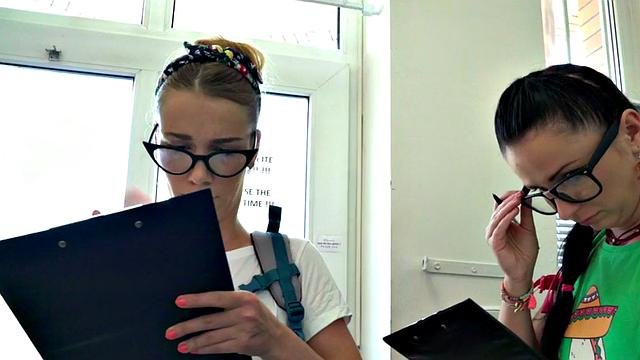 Teenage babes sharing in trio after checking into room