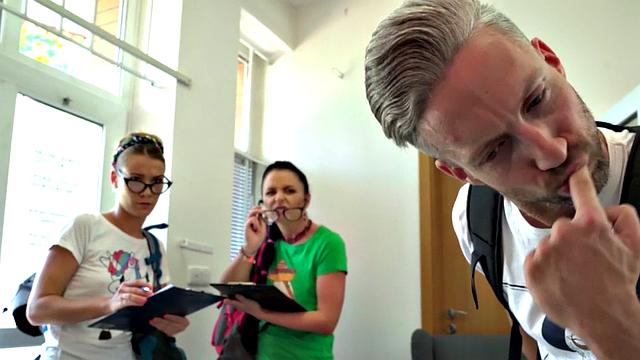 Teenage babes sharing in trio after checking into room