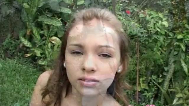 Naughty Selina 18 gets naked in a garden and showing her tits